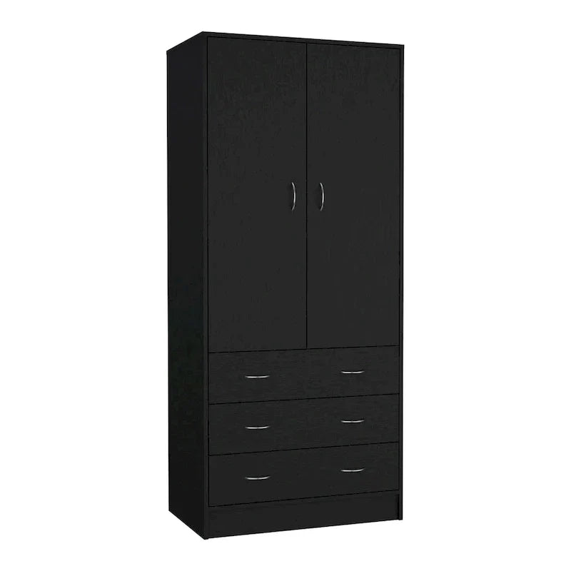 19  Modern Double-door Armoire with 3 Drawers and 1 Hanging Rod for Bedroom