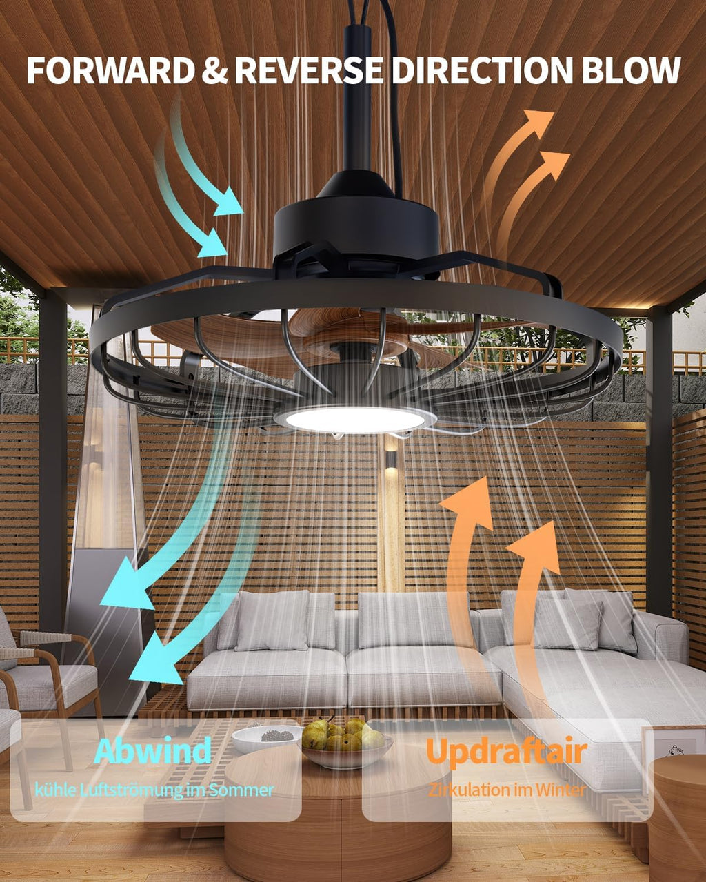 Deckenventilatorleuchte für den Außenbereich, Außenlicht mit Ventilator, IP44 Wasserdicht, 6 Lüftungsgeschwindigkeiten, mühelose Lichtdimmung, für Terrassen, Pergolen, Wohnzimmer, Esszimmer