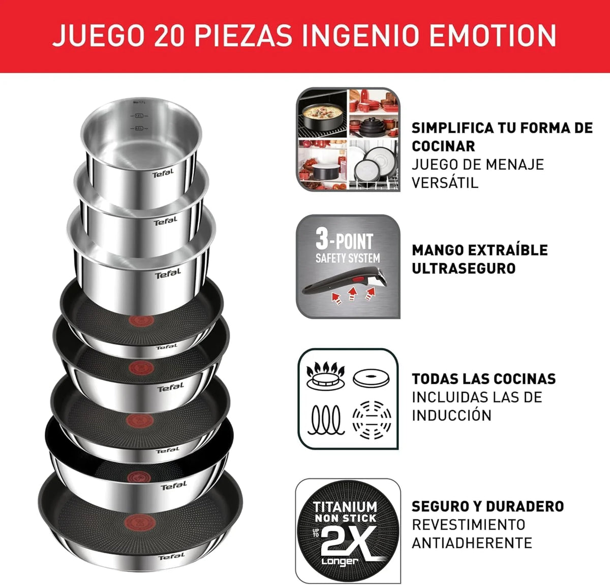 Tefal Ingenio Emotion Set of 3 Frying Pans 22/24/28 cm + 3 Saucepans 16/18/20 cm + Stew Pot 24 cm + Wok 26 cm + 12 Accessories | Induction Safe, Non-Stick, Dishwasher and Oven Safe