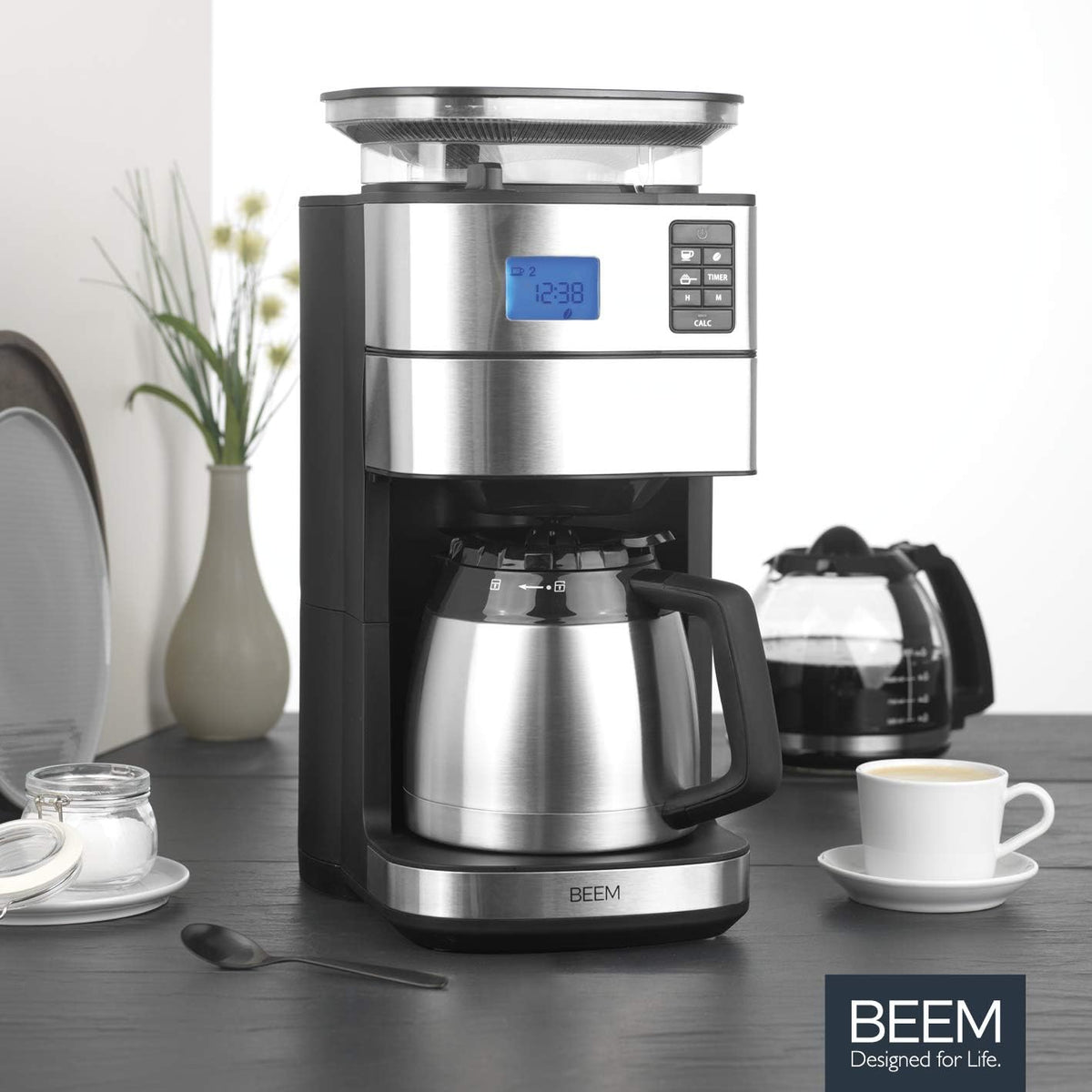 BEEM FRESH-AROMA-PERFECT II Filterkaffeemaschine mit Mahlwerk - Thermo | Edelstahl | Thermokanne | 24h-Timer | 1000 W | 180 g Bohnenbehälter