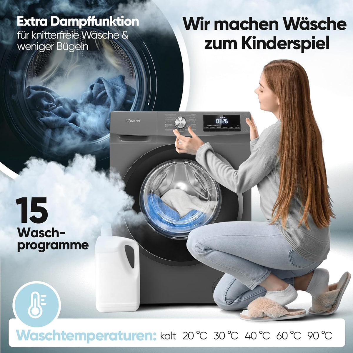 Bomann Waschtrockner Waschen und Trocknen 10 Jahre Motor-Garantie 8 kg Waschen, 5 kg Trocknen Invertermotor 1400 U/Min Waschmaschine mit Trockner integriert WAT 7186 titan