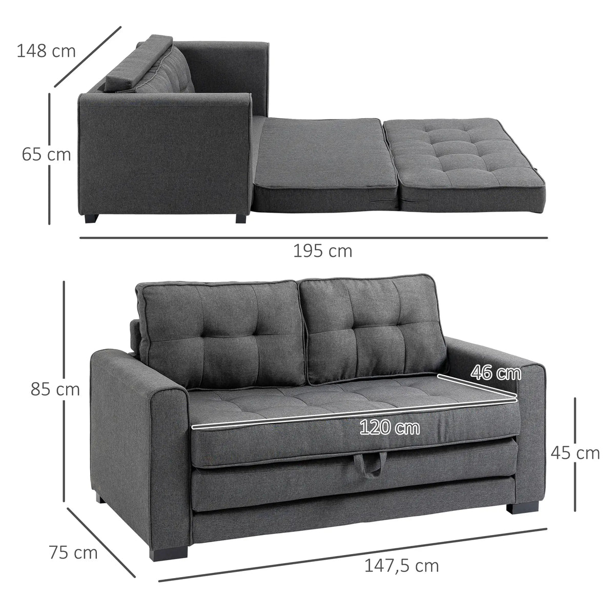 HOMCOM Schlafsofa 2-Sitzer ausziehbar Massivholz Federung Grau