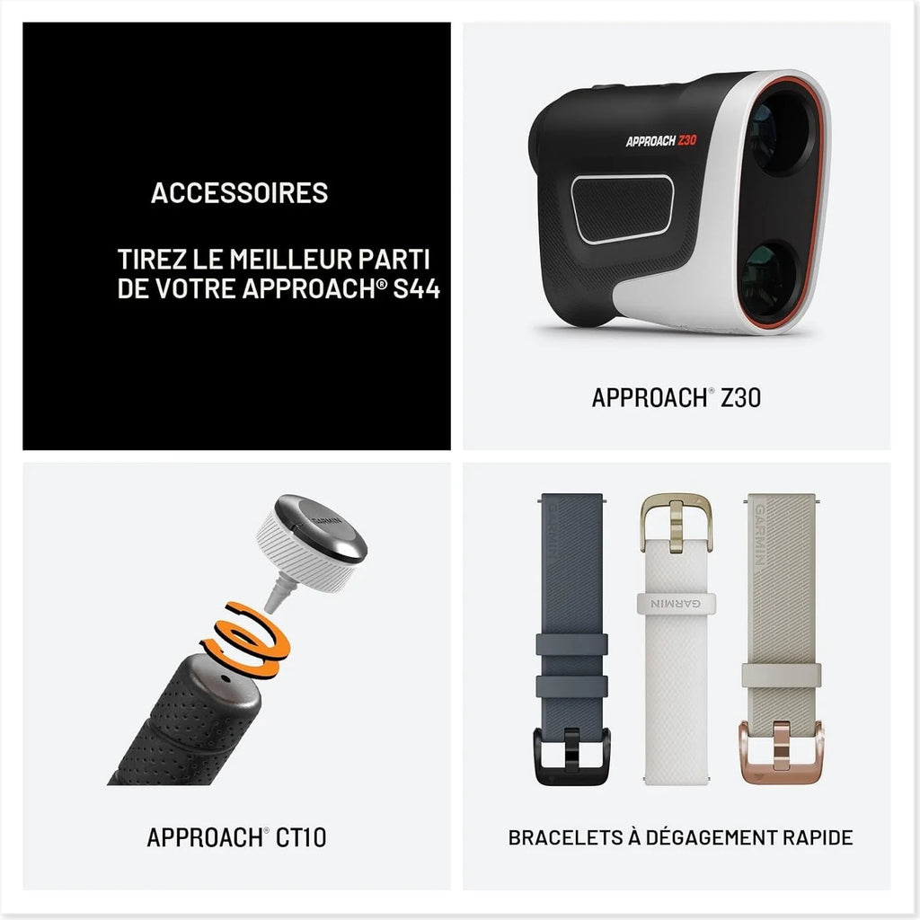 Garmin Approach S44 Essential Golf GPS Smartwatch Écran AMOLED Fonctionnalités sur Le Terrain Lunette en Aluminium argenté avec Bracelet en Silicone Noir