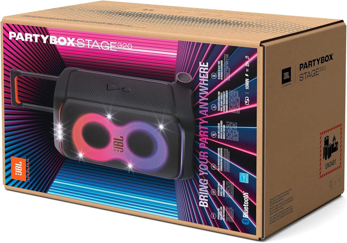 JBL Partybox Stage 120 in Schwarz – Tragbare Bluetooth-Lautsprecher-Box mit JBL Pro Sound, Lichtshow, KI-Sound-Boost und Teleskopgriff – 12 h Laufzeit