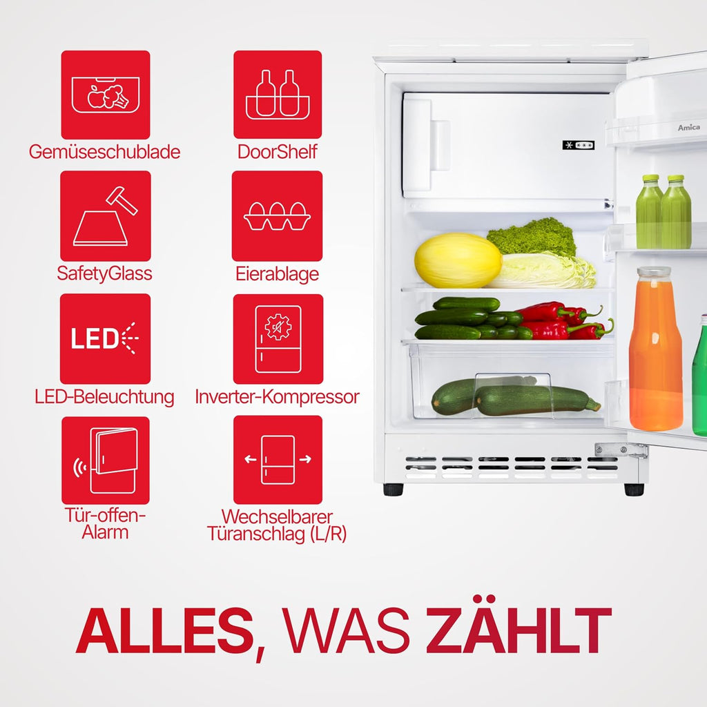 Amica Unterbau Kühlschrank dekorfähig für 815 cm Nische elektronische Steuerung Inverter Kompressor LED Beleuchtung Tür-Offen-Alarm, 82 liters
