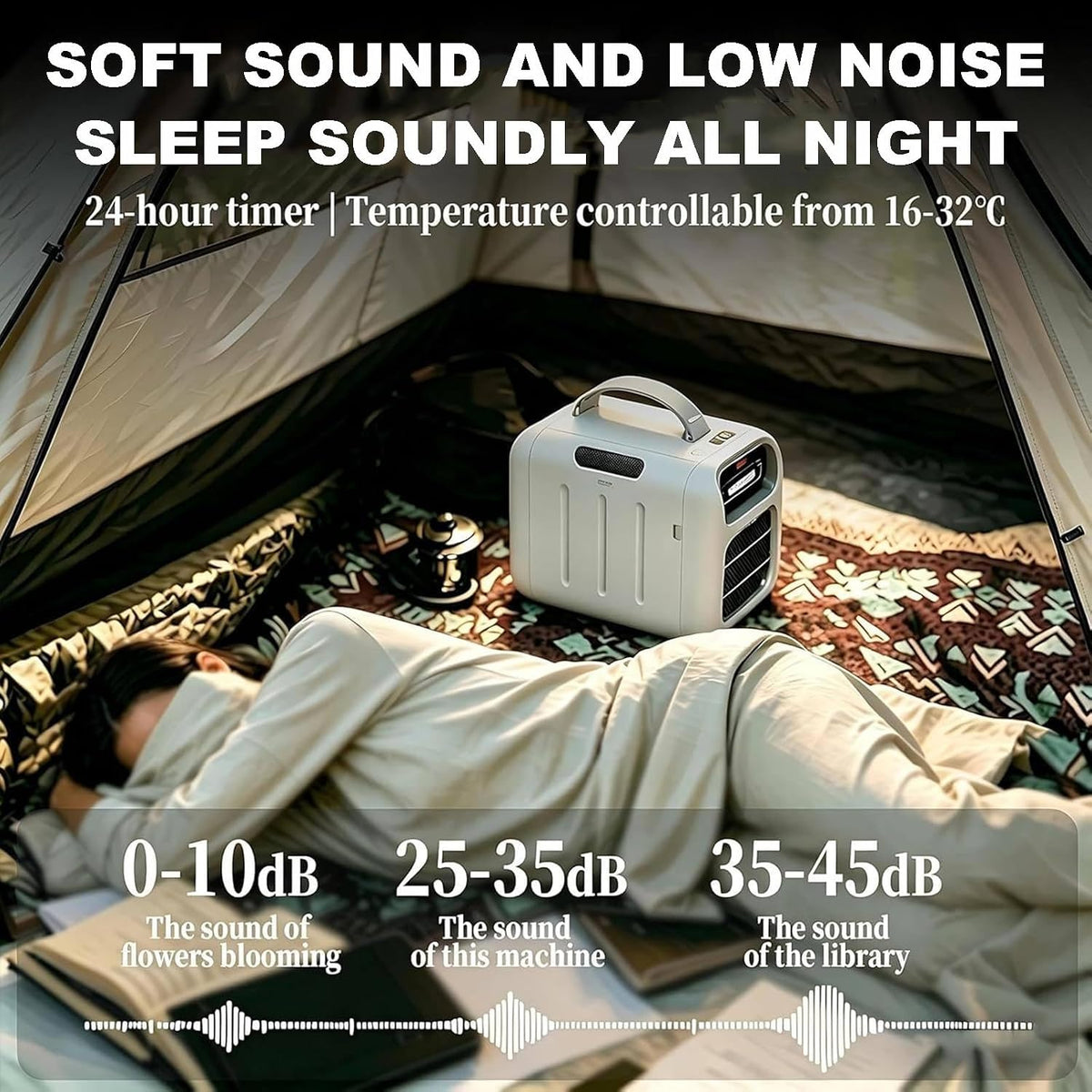 Tragbare Klimaanlage, Camping Klimagerät mit Heizfunktion, Geringer Energieverbrauch, 8-10㎡ Kühlfläche, Einstellbare Temperatur, für Zelt Camper Van cool AC110V