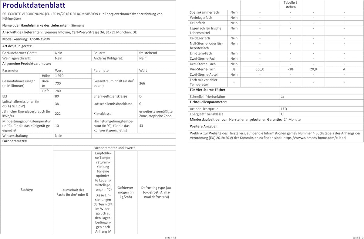 Siemens GS54NAWCV iQ500 Gefrierschrank, 176 x 70 cm, 327 L, noFrost nie wieder abtauen, bigBox Platz für großes Gefriergut, varioZone flexible Glas-und Schubladen, Weiß