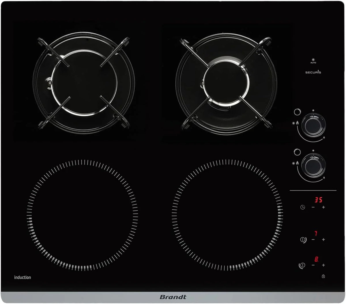 Brandt - BPI6413BM - Plaque Induction et Gaz - Table de Cuisson - Noir - 4 Foyers - 3400W Electrique et 4600 Gaz - Dimensions Encastrement : 56x49cm - 9 Positions par Foyer - Fabriqué en France
