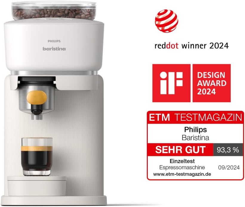 Philips Baristina Espressomaschine - Real Espresso- made simple. Kompakte Kaffeemaschine- Naturweiß mit weißem Siebträger- 16-bar-Pumpendruck- automatisches Mahlwerk- Cafe Crema (BAR300/00)