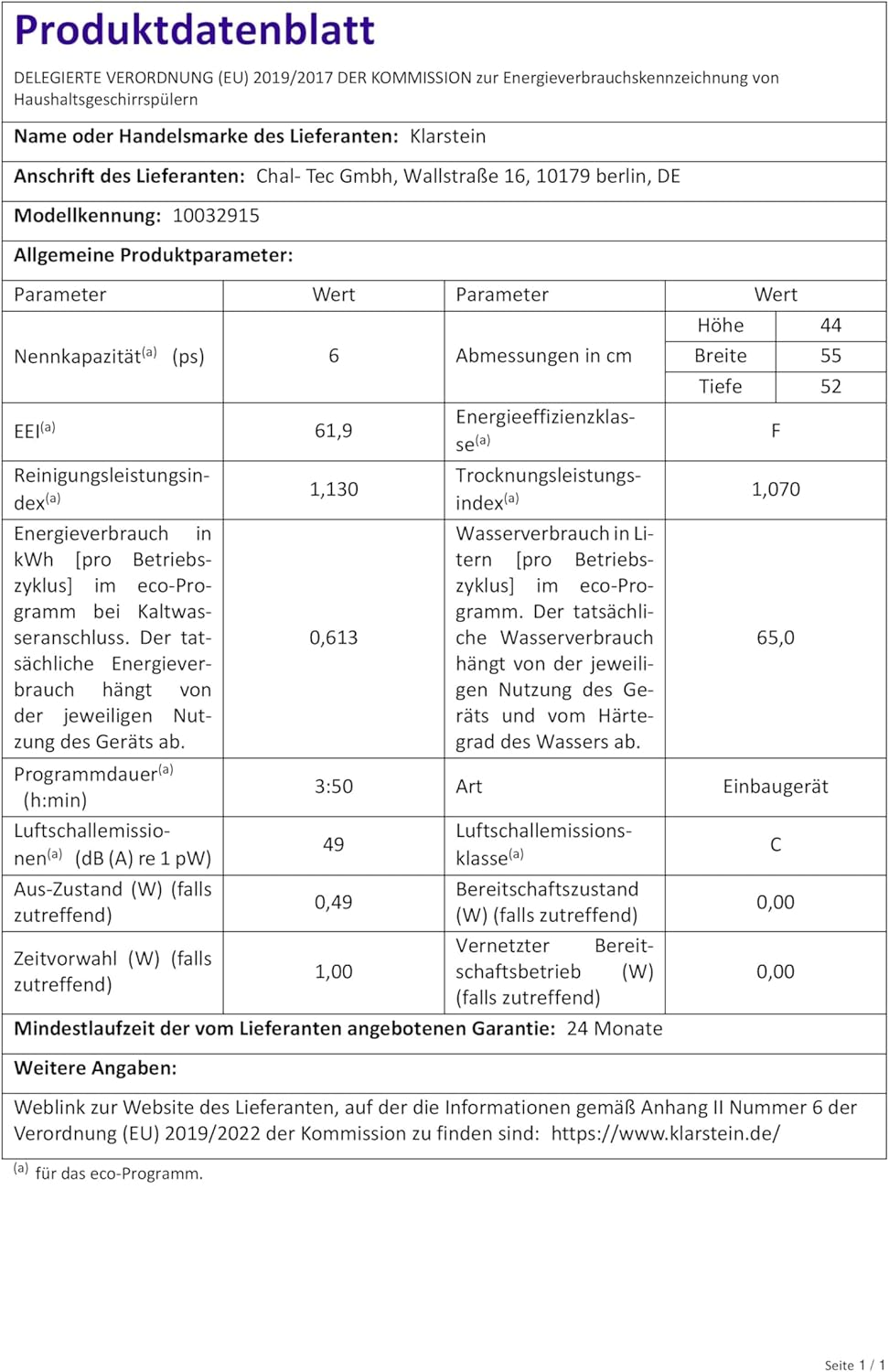 Klarstein ia 8 - Spülmaschine, Geschirrspüler, Freistehend, Teilintegriert, F, 55 cm breit, 8 Maßgedecke, 6 Programme, Aquastop, silber