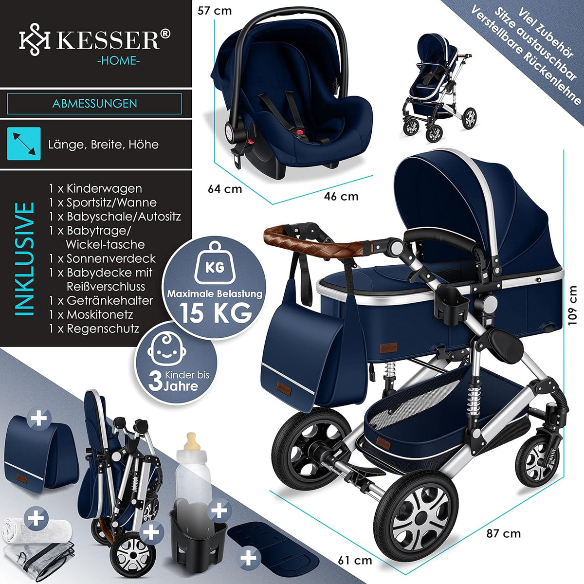 KESSER Loops 3 in 1 Kinderwagen Kombikinderwagen Komplett-Set inkl. Babywanne & Buggy Sportsitz & Auto-Babyschale Voll-Gummireifen Wickeltasche Regenschutz Kindertisch ECE R129, Schwarz/Champagne