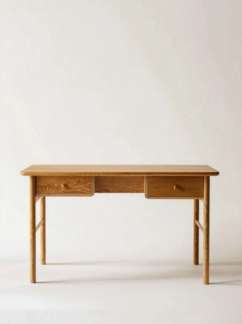 Bureau rectangulaire en bois massif couleur chêne clair avec 2 tiroirs