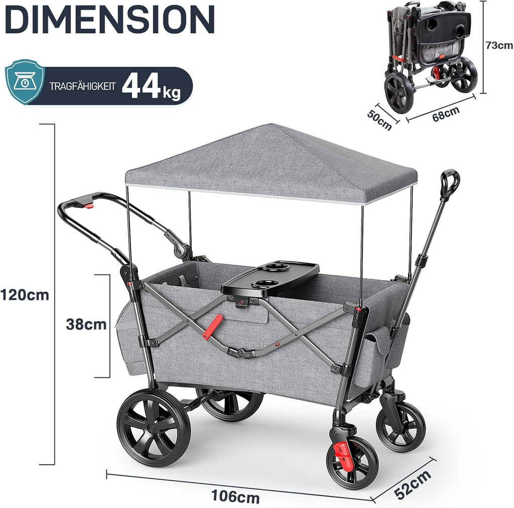 EVER ADVANCED Bollerwagen für 2 Kinder Faltbar mit Dach, Kinderwagen 2x5 Punkt Sicherheitsgurt mit Wickelrucksack, Bollerwagen mit Sitz, Handwagen Transportwagen, Ziehen & Schieben, Fußbremse