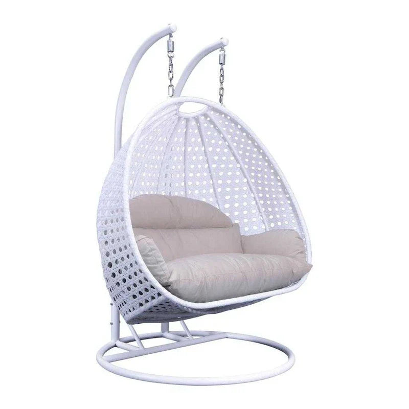 Egg-Shaped Hanging Swing Chair with Metal Stand, Wicker Frame & Cushion �C Beige / Charcoal Blue / White / Blue / Antique White / Brown / Canvas, Seats 2