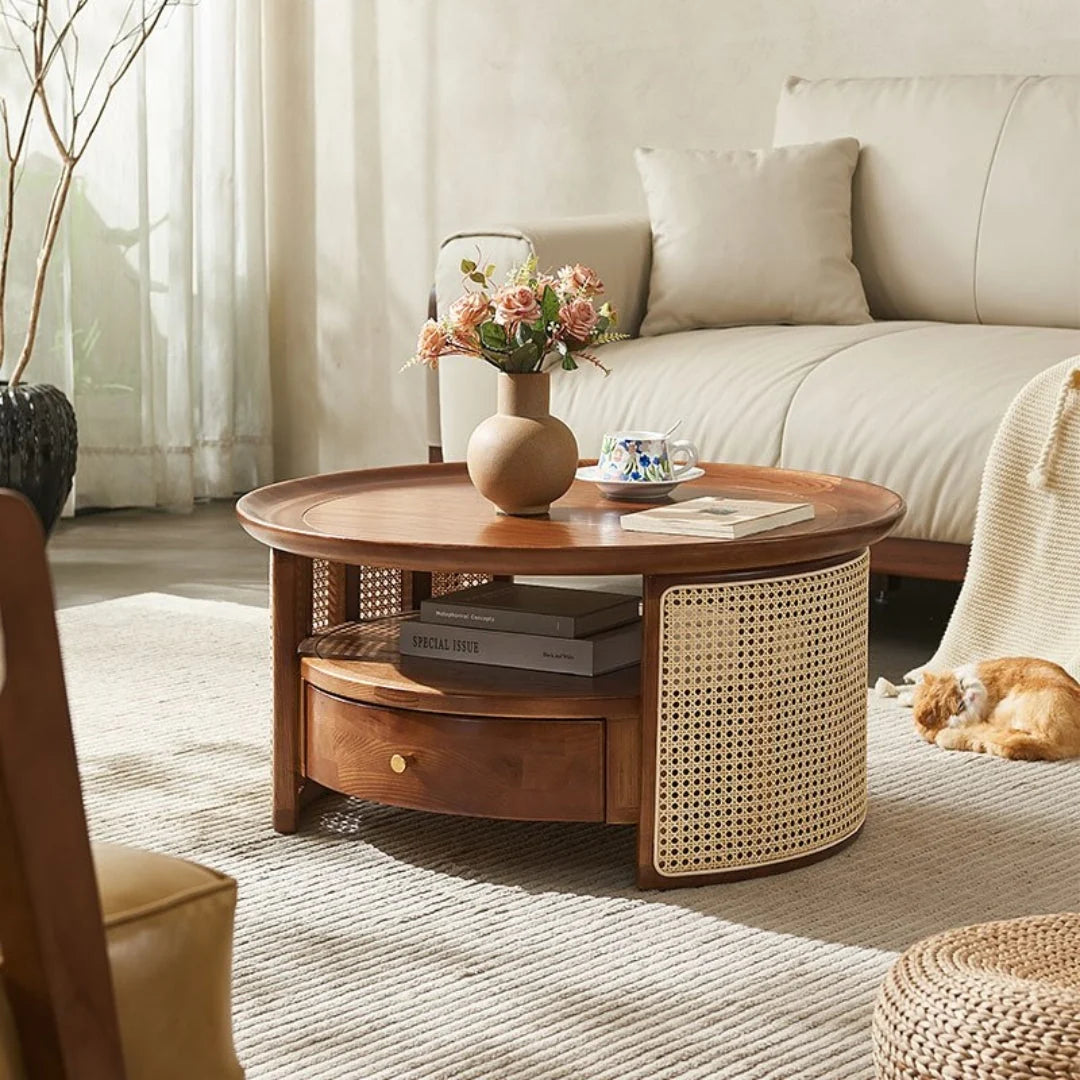 Joren Solid Ash Wood & Rattan Coffee Table