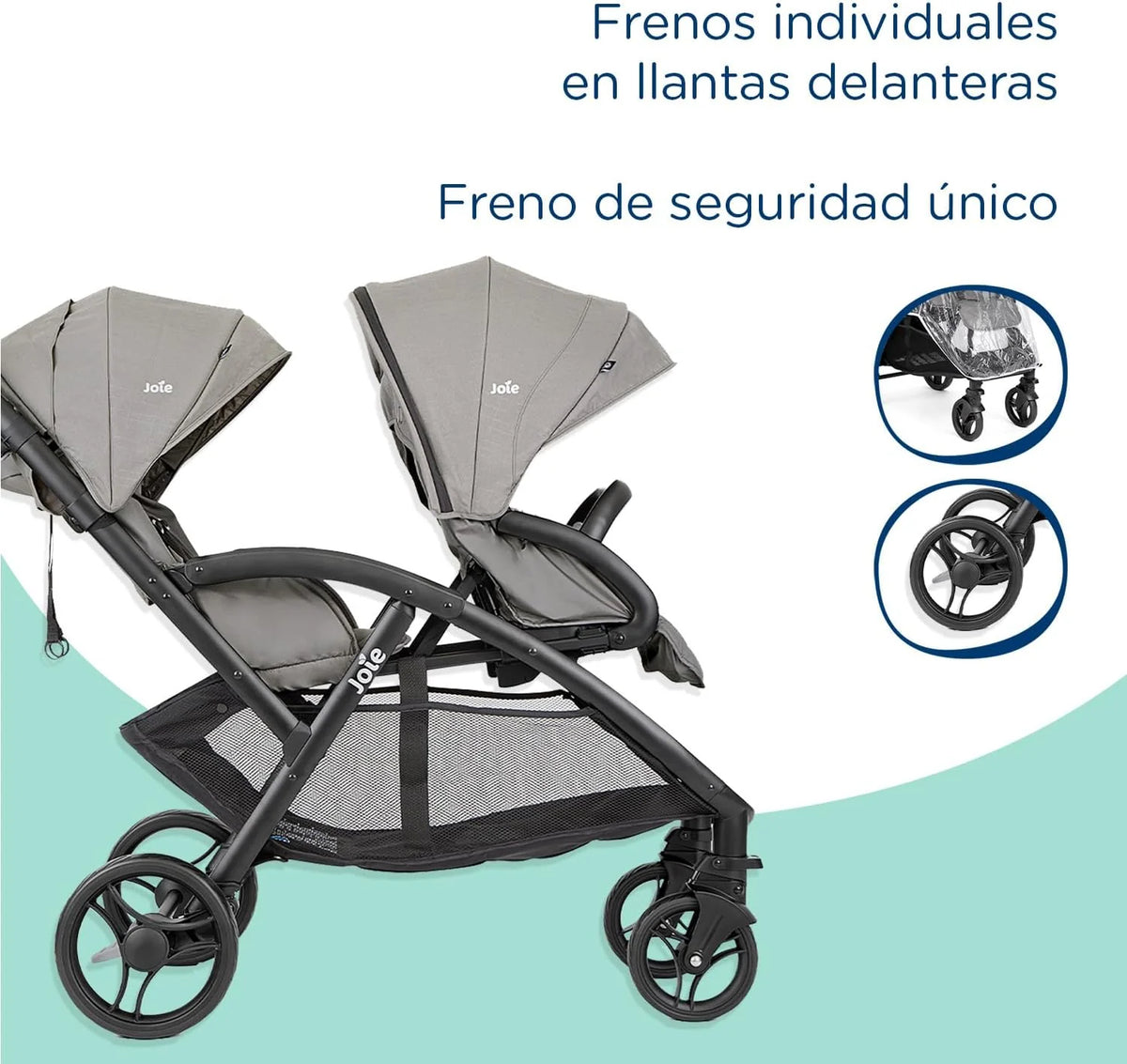 Joie - Evalite™ Duo - Poussette Double - Siège Arrière Inclinable À Plat - Pliage Facile & Compact - Compatible Sièges Auto - Suspension 4 Roues - Harnais 5 Points SoftTouch - Dès la naissance