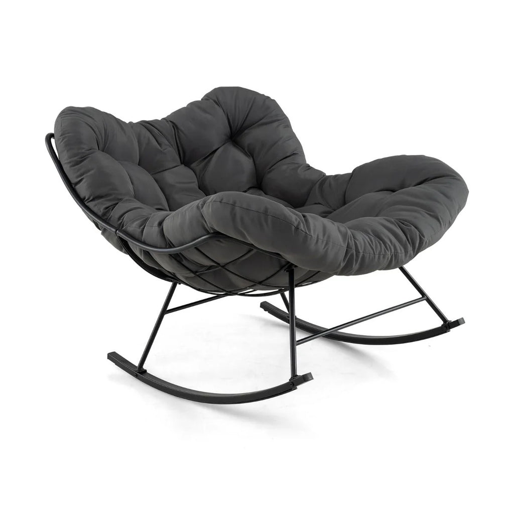 Chaise à Bascule d'Intérieur et d'Extérieur Chaise Papasan Surdimensionnée avec Coussin Rembourré & Cadre en Métal Capacité 205 Kg Gris