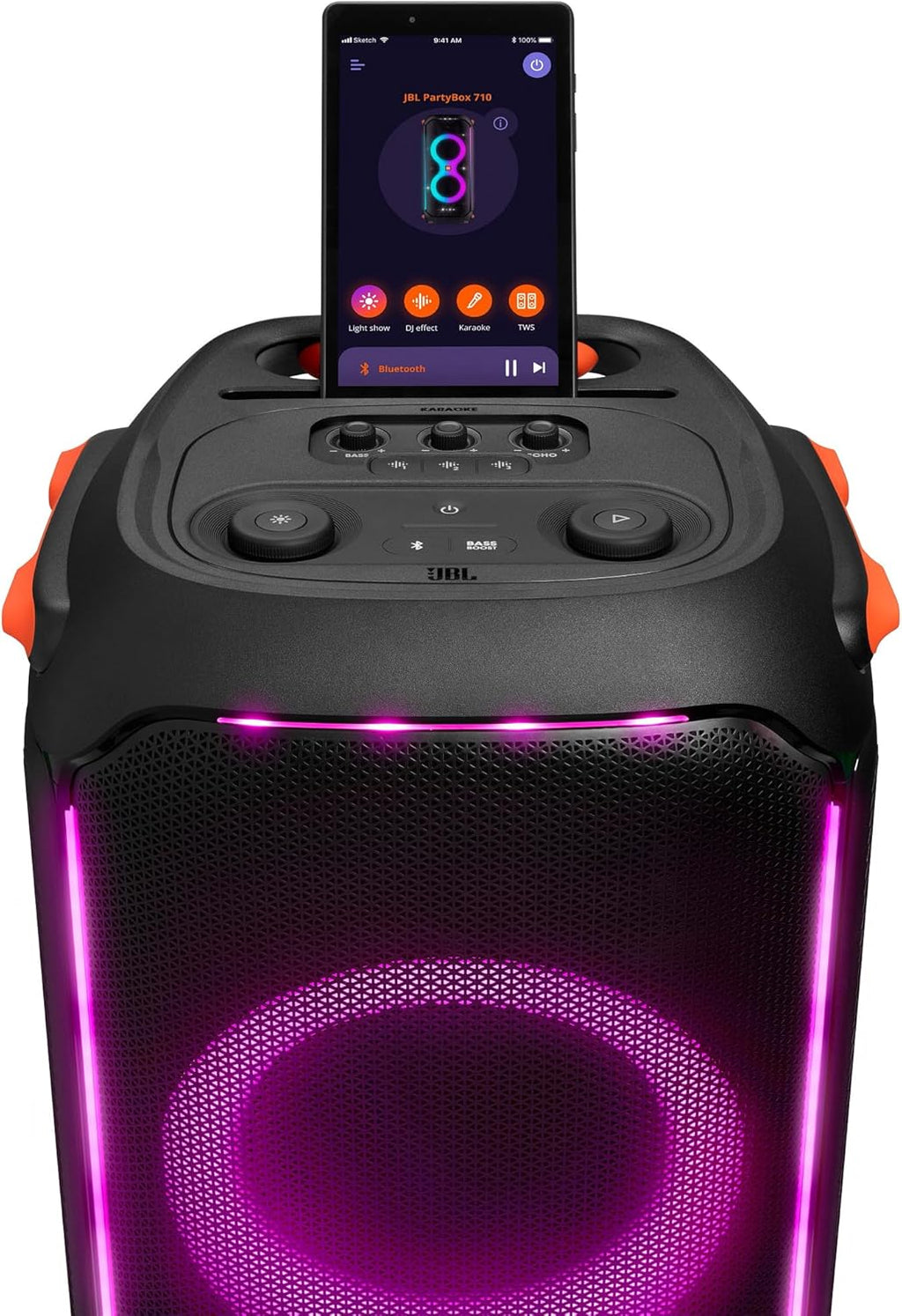 JBL PartyBox 710 - Schwarz – Trag - und rollbarer Bluetooth Party-Lautsprecher mit Lichteffekten – Spritzwassergeschützte, mobile Musikbox
