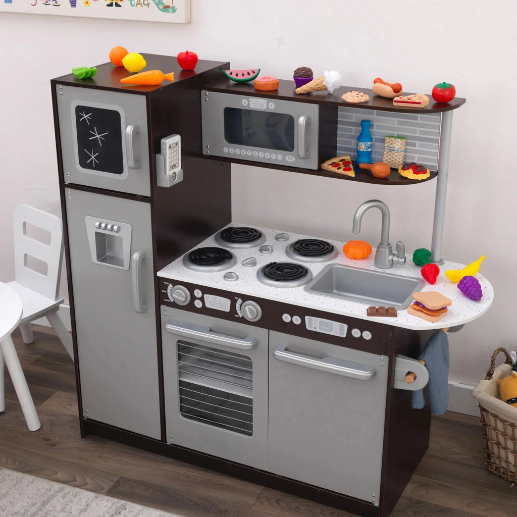 Cocina de Juego KidKraft Uptown Espresso de Madera con 30 Piezas de Alimentos de Juguete