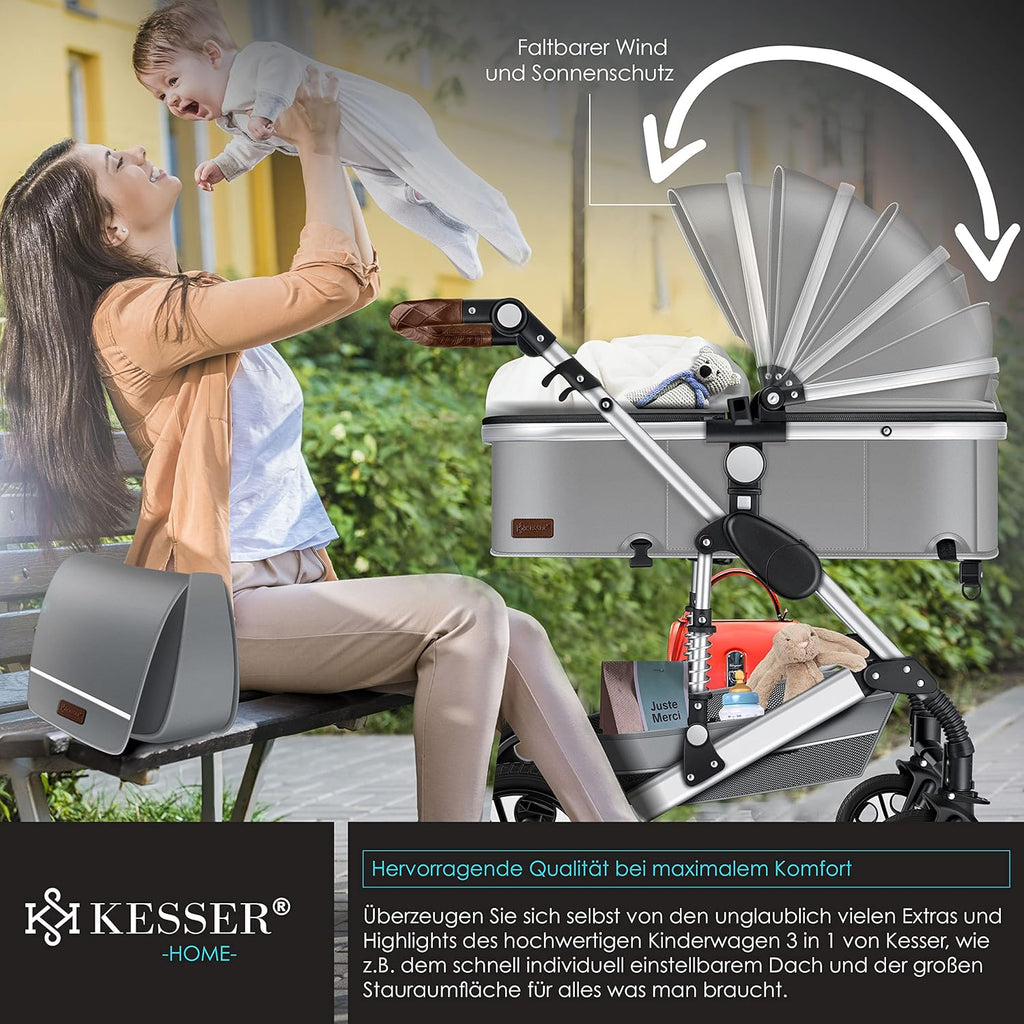 KESSER Loops 3 in 1 Kinderwagen Kombikinderwagen Komplett-Set inkl. Babywanne & Buggy Sportsitz & Auto-Babyschale Voll-Gummireifen Wickeltasche Regenschutz Kindertisch ECE R129, Schwarz/Champagne