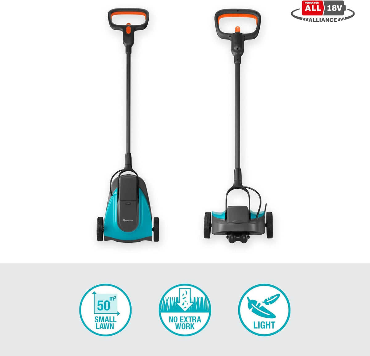 Gardena Akku-Rasenmäher HandyMower 22/18V P4A Ready-To-Use Set: Handrasenmäher, für Rasenflächen bis zu 50 m², Schnitthöhenverstellbar, inkl. 18V P4A Akku (14620-20)