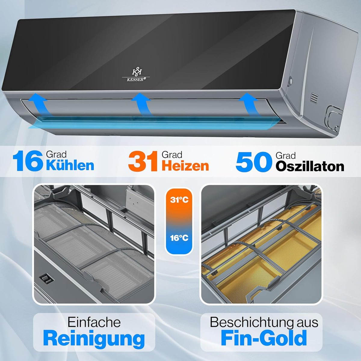 KESSER® Klimaanlage Set Split - mit WiFi/App Funktion Klimagerät - Kühlen A++/ Heizen A+ - 9000 BTU/h (2.600 Watt) Kältemittel R32 - Fernbedienung, Timerfunktion - Inkl. komplettem Montagematerial