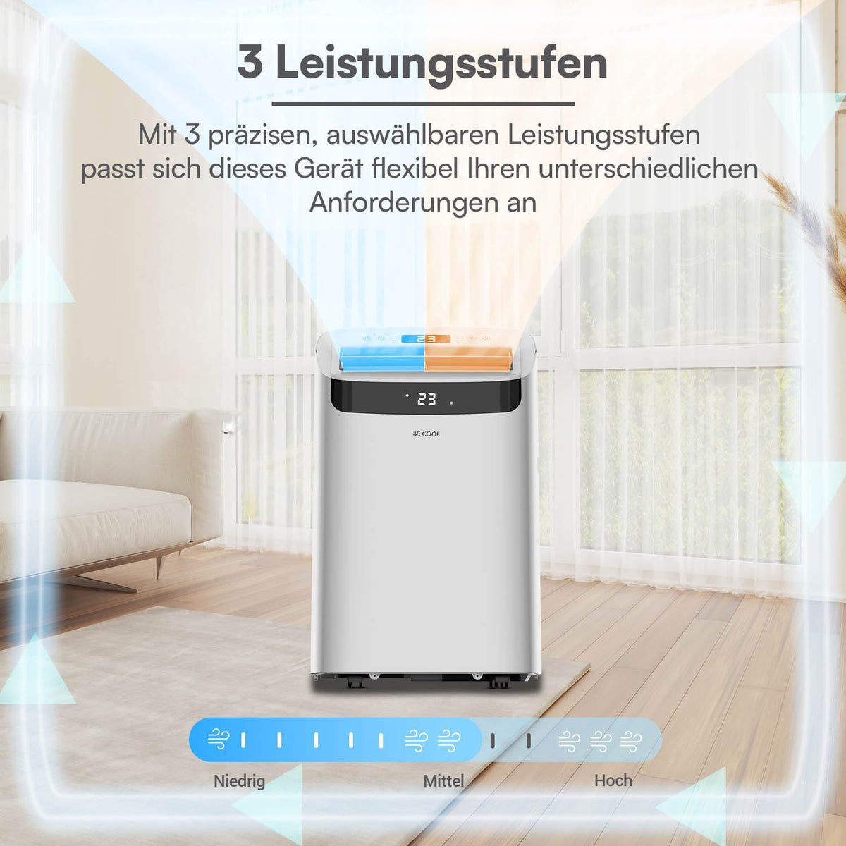 BE COOL mobiles Klimagerät 14000 BTU mit Heizung & WLAN, 4 in 1 Klimaanlage mit Entfeuchter und Ventilator, für Räume bis 48 m², Fernbedienung, Timer, Alexa & Google Assistant, grau