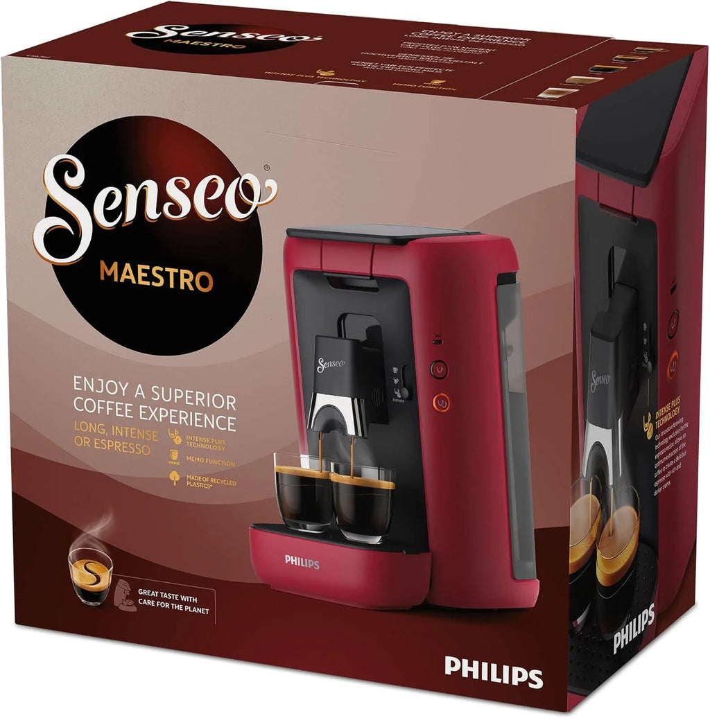 Philips Senseo Maestro Kaffeepadmaschine mit Kaffeestrkewahl und Memo-Funktion, 1,2 Liter Wasserbehlter, Grünes Produkt, Farbe: Rot (CSA260/90)