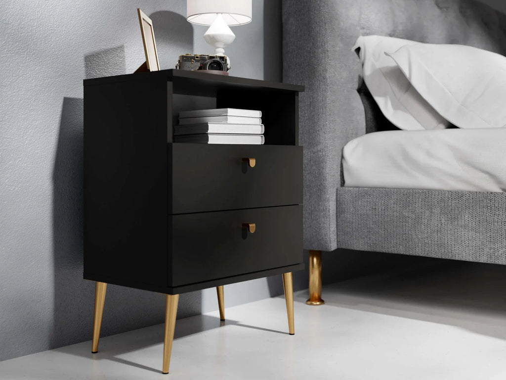 Mesita de noche Elyria con diseño elegante en negro, tiradores metálicos – 50 cm