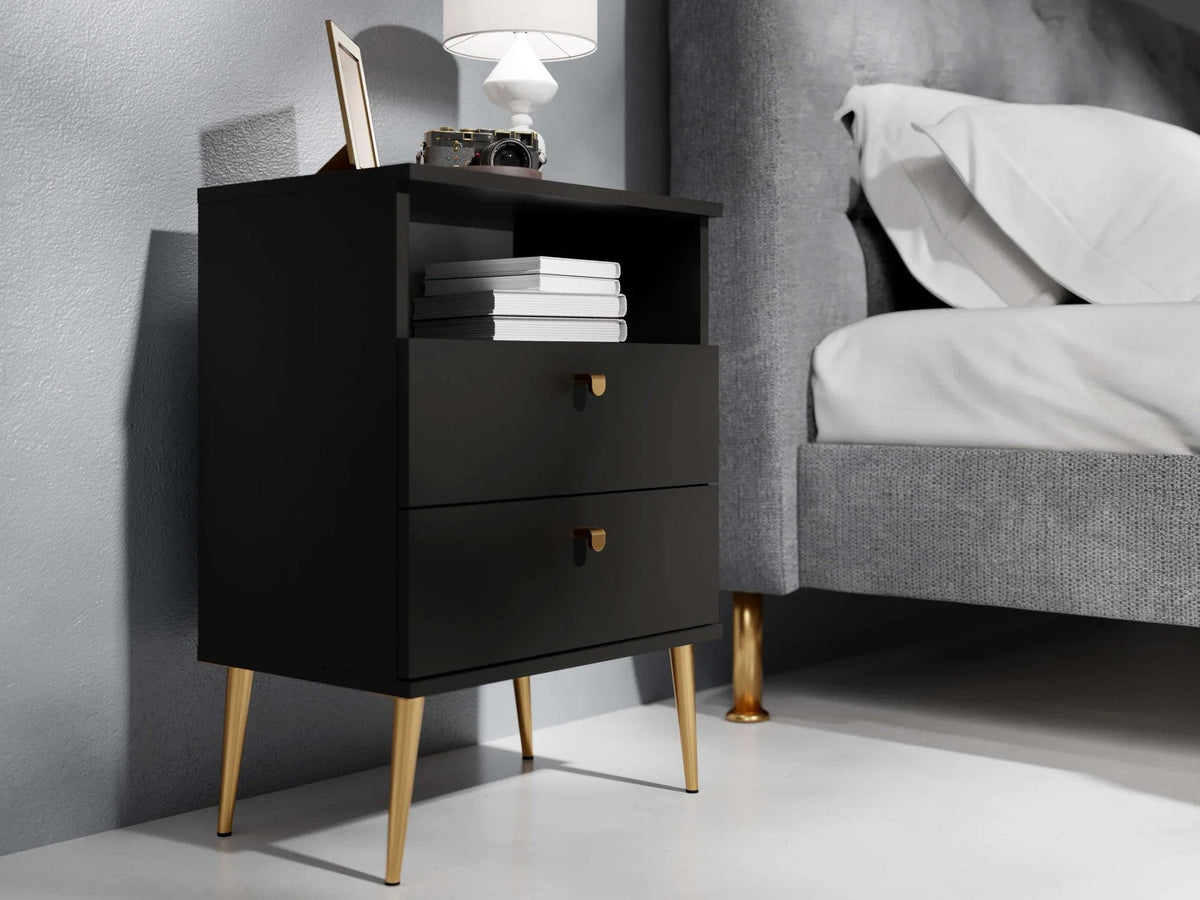 Mesita de noche Elyria con diseño elegante en negro, tiradores metálicos – 50 cm