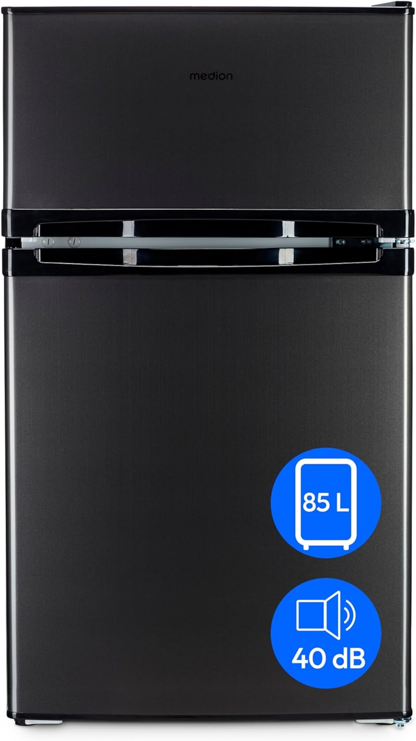 MEDION Mini Kühl-Gefrierkombination (85 Liter, 61L Kühlteil, 24L Gefrierteil, freistehend, 40 dB, transparente Gemüseschublade, Türanschlag wechselbar, MD 37689) grau