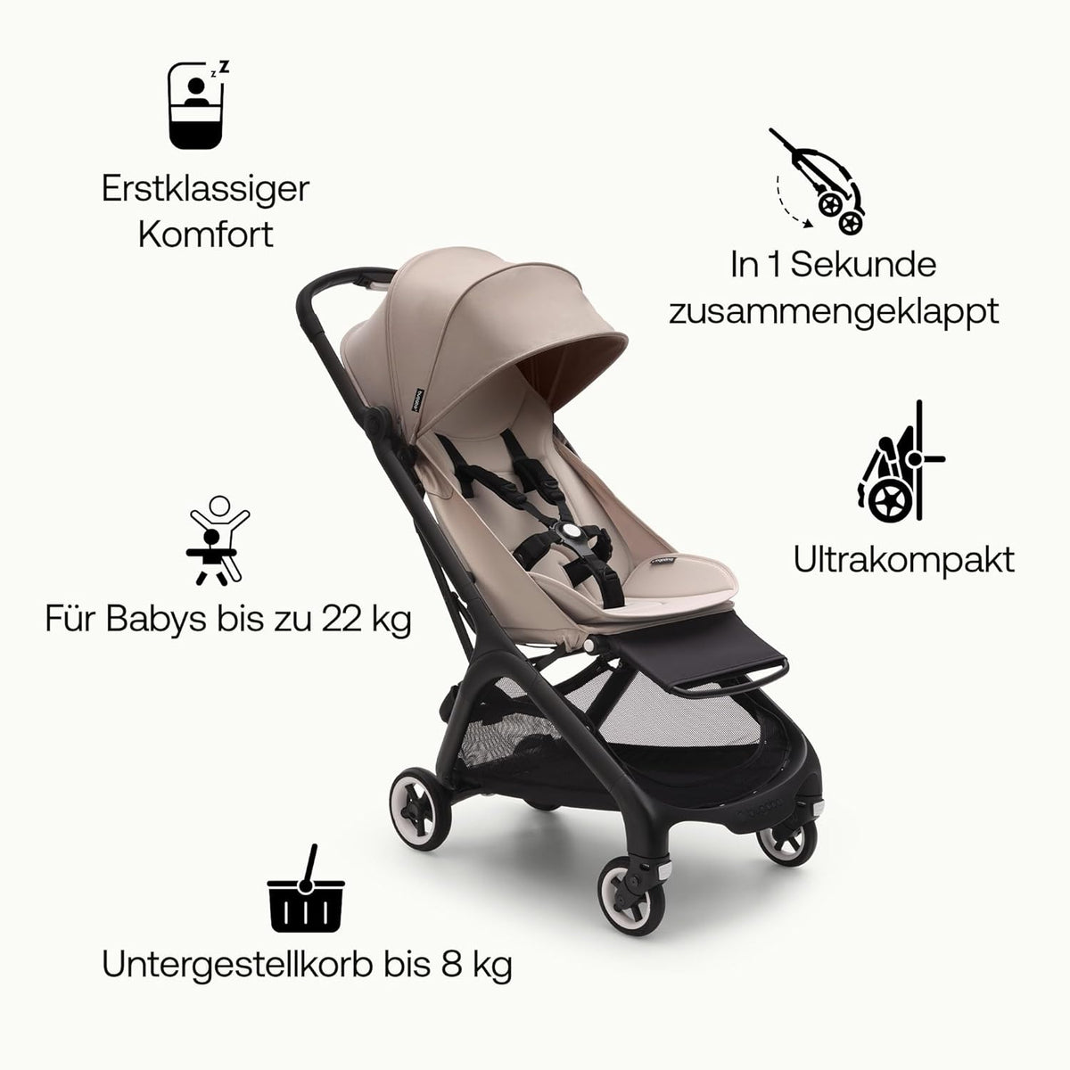 Bugaboo Butterfly ultrakompakter Reise-Kinderwagen, klein & leicht, einhändig faltbar und einfach zu lenken, ergonomischer City-Buggy für Babys ab 6 Monaten, mit viel Stauraum, Stormy Blue