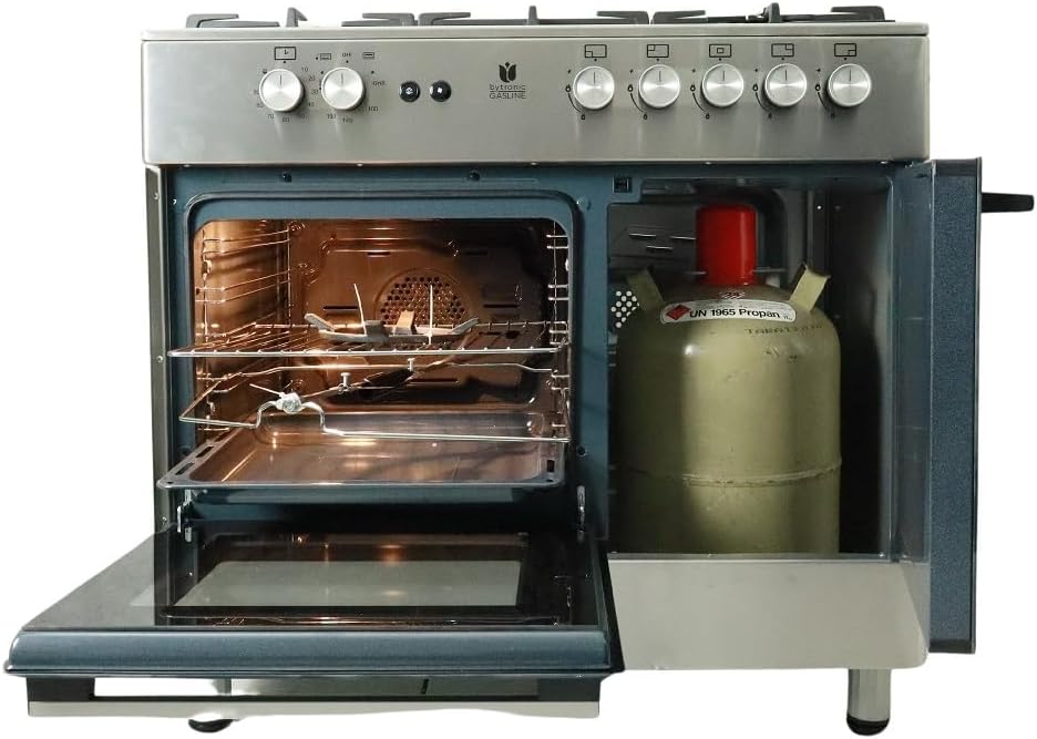 Gasline Gas Standherd mit Flaschenschrank 90cm GAG90GOXFL, 5 Flammig Sabaf-Brenner, Elektrische-Zündung und Vollzündsicherung Propan LPG…