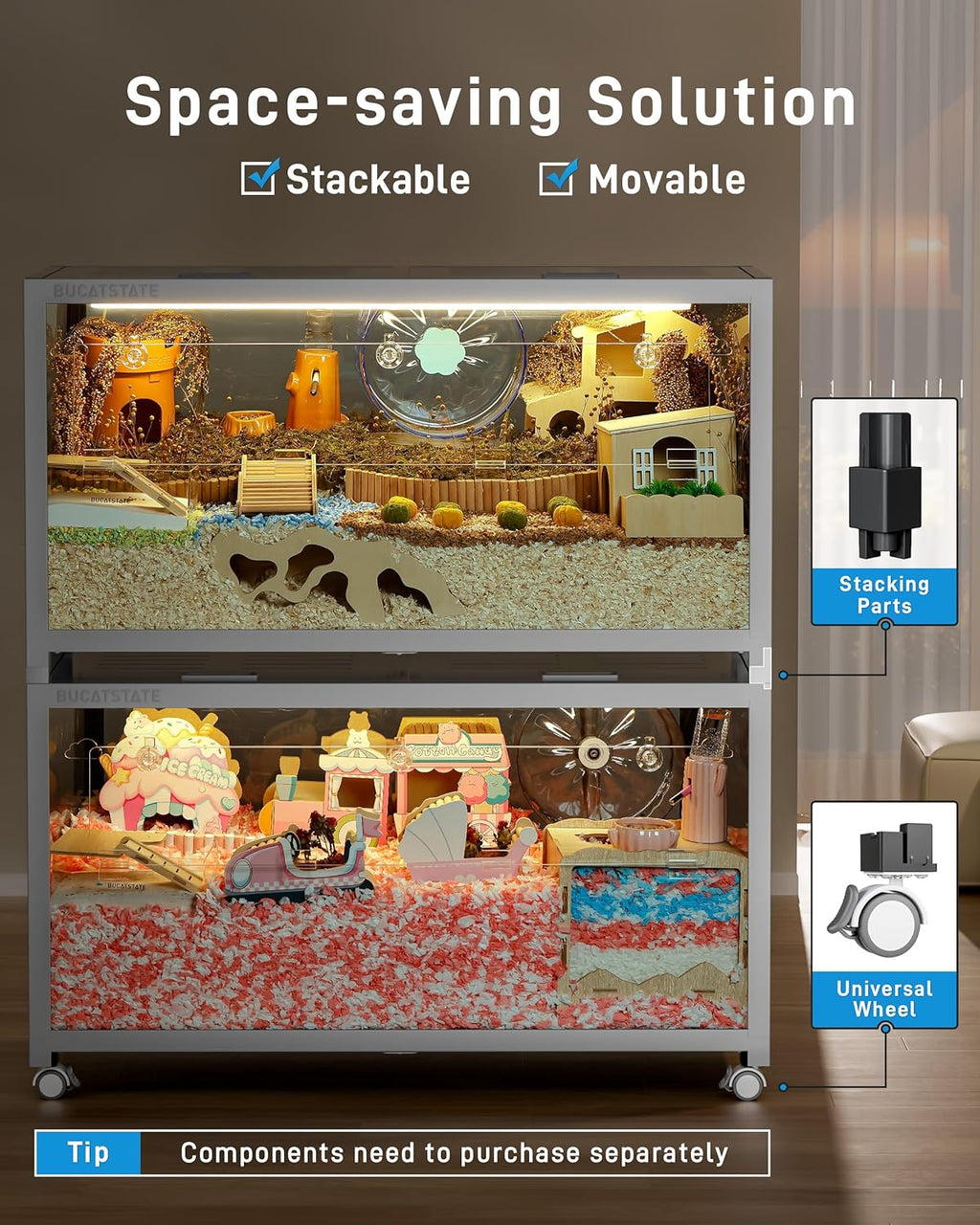 BUCATSTATE Hamsterkäfig 3,0: Metall Rattenkäfig Kleintierkäfig Groß Stapelbar mit Einfacher Montage 120L x 60W x 62H cm für Nager, Mäuse, Zwerghamster (0,72m², Weiß)