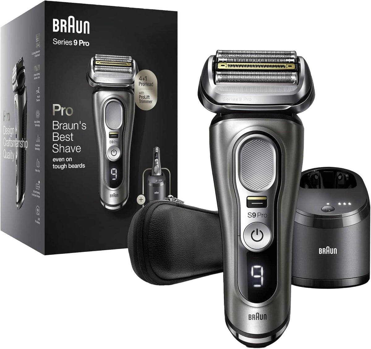 Braun Series 9 Pro Premium Rasierer Herren, Testsieger Stiftung Warentest, 4+1 Scherkopf, Elektrorasierer & Trimmer, Reinigungsstation, 60 Min Laufzeit, 9465cc, noble metal