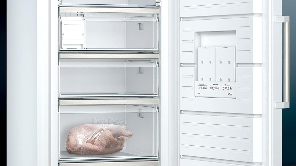 Siemens GS54NAWCV iQ500 Gefrierschrank, 176 x 70 cm, 327 L, noFrost nie wieder abtauen, bigBox Platz für großes Gefriergut, varioZone flexible Glas-und Schubladen, Weiß