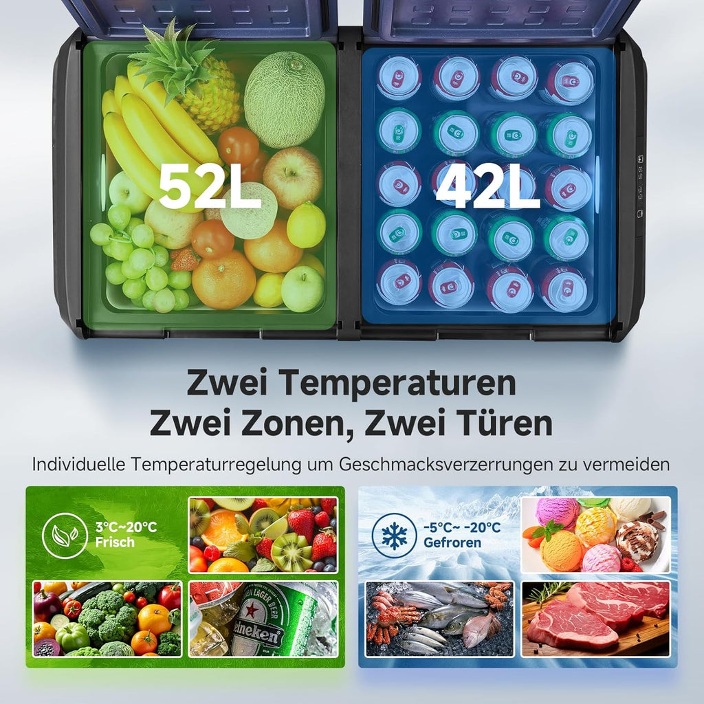 AAOBOSI Kompressor Kühlbox, 95L Kühlbox Kompressor Dual Zone mit APP Steuerung, IPX4 Wasserdicht, kühlbox 12V 230V, -20°C bis 20°C – Ideal für Auto, LKW, Boot, Camping, Fischen & Outdoor-Aktivitäten