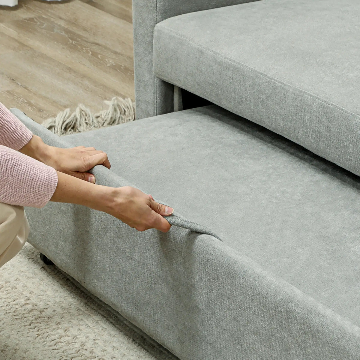 HOMCOM Schlafsofa 2-Sitzer mit Schlaffunktion und Rollen Eukalyptusholz