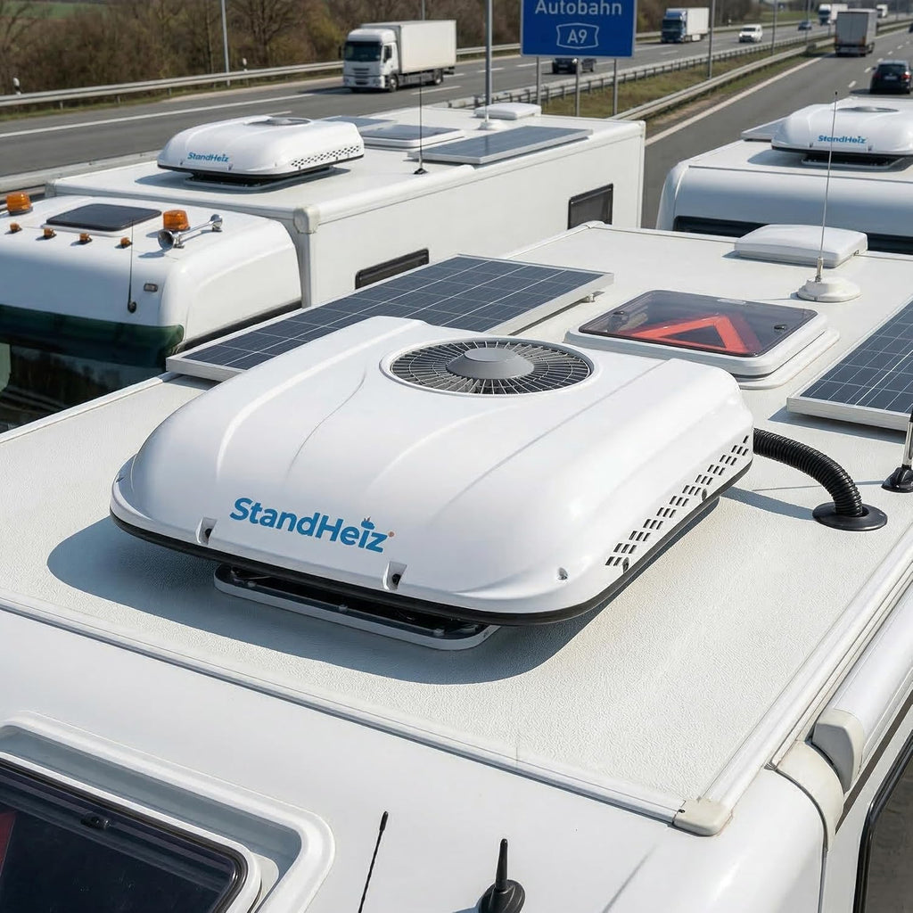 Dachklimaanlage, Standklimaanlage 12V 1800W StandHeiz Kühlleistung, Elektrisch, R134a Vorbefüllt – Kompakte Klimaanlage für Bagger, Traktor & LKW – 750W, 60dB Leise