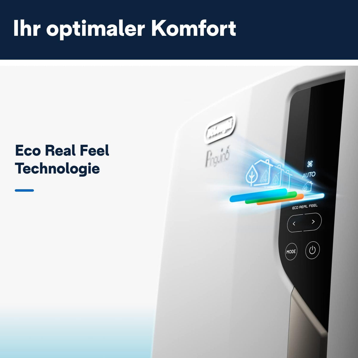 De'Longhi Pinguino PAC EM82, Mobile Klimaanlage für Räume bis zu 80 m³, 9.400 BTU, 2,4 kW, 63 dB, Entfeuchtungsfunktion, Energieklasse A, 24h-Timer, Weiß