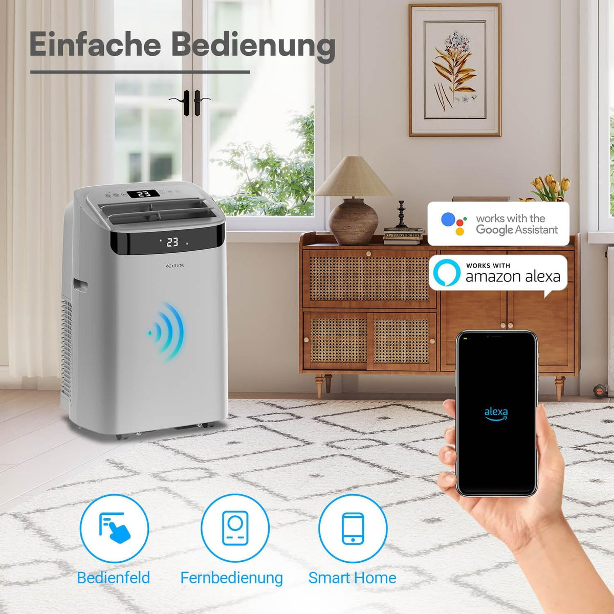 BE COOL mobiles Klimagerät 14000 BTU mit Heizung & WLAN, 4 in 1 Klimaanlage mit Entfeuchter und Ventilator, für Räume bis 48 m², Fernbedienung, Timer, Alexa & Google Assistant, grau