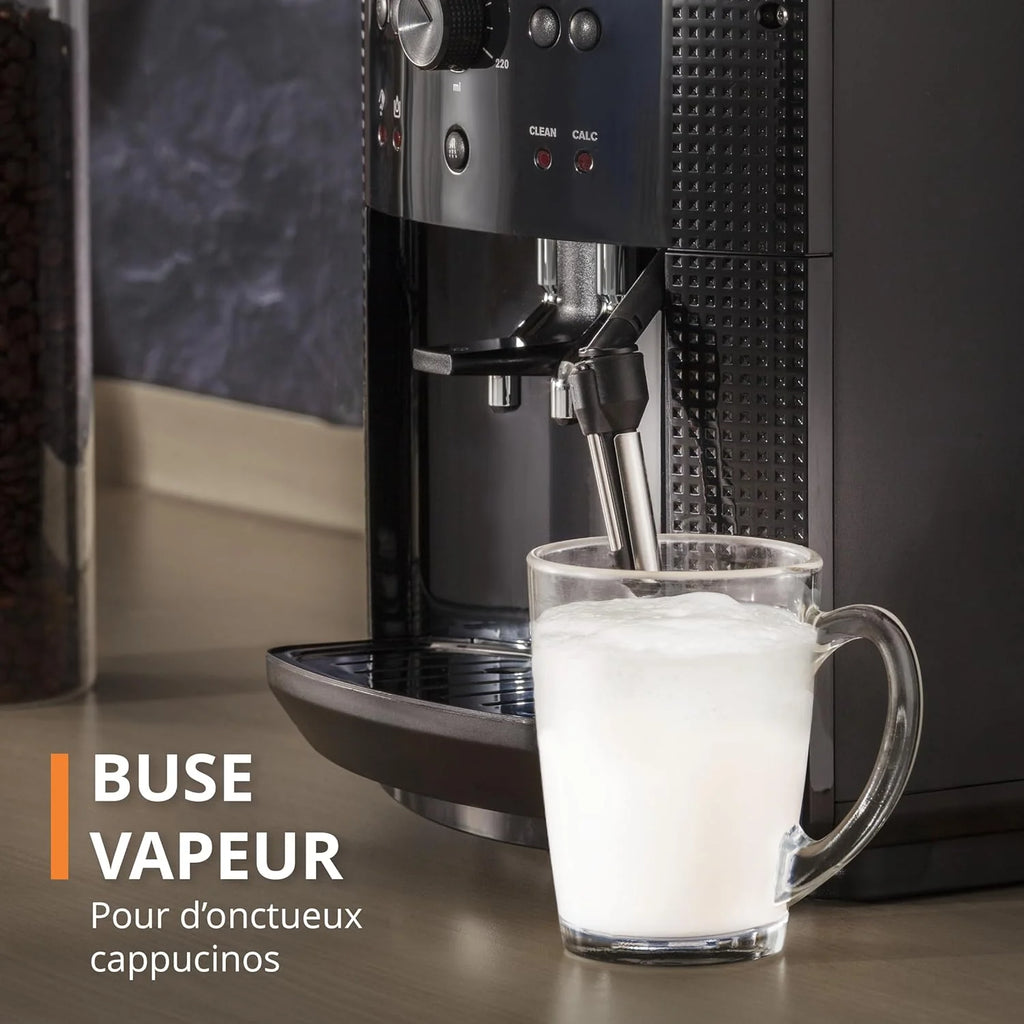 Krups Machine à café grain, 1,7 L, 2 tasses en simultané, Nettoyage automatique, Buse vapeur pour Cappuccino, Cafetière espresso, Essential noire YY8125FD, Noir