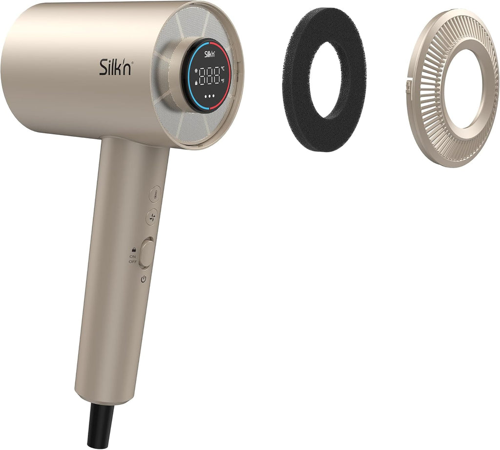 Silk'n Haartrockner I SilkyAir Pro HDB003 I Premium Föhn mit bürstenlosem Motor und Wasser-Ionen-Technologie I 3 Aufsätzen, hitzebeständiger Matte und Reiseetui, 1600 W, Champagner