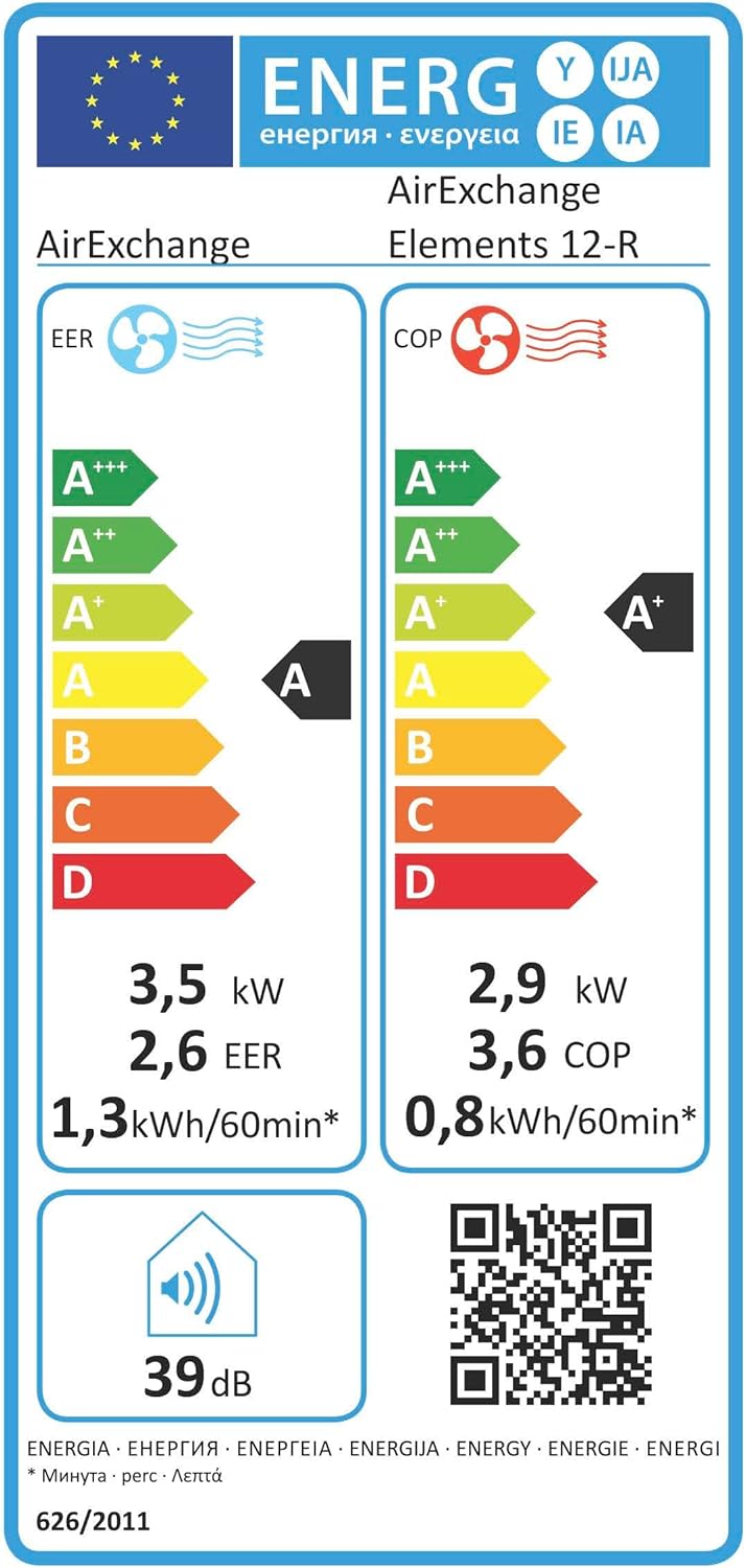 AirExchange - Wand-Monoblock-Klimaanlage-Wärmepumpe-INVERTER, 4-in-1 Klimaanlage ohne Außengerät, Heizen, Kühlen, Entfeuchten, Reinigen, 12.000 BTU, bis 80 m², R290, WEIß