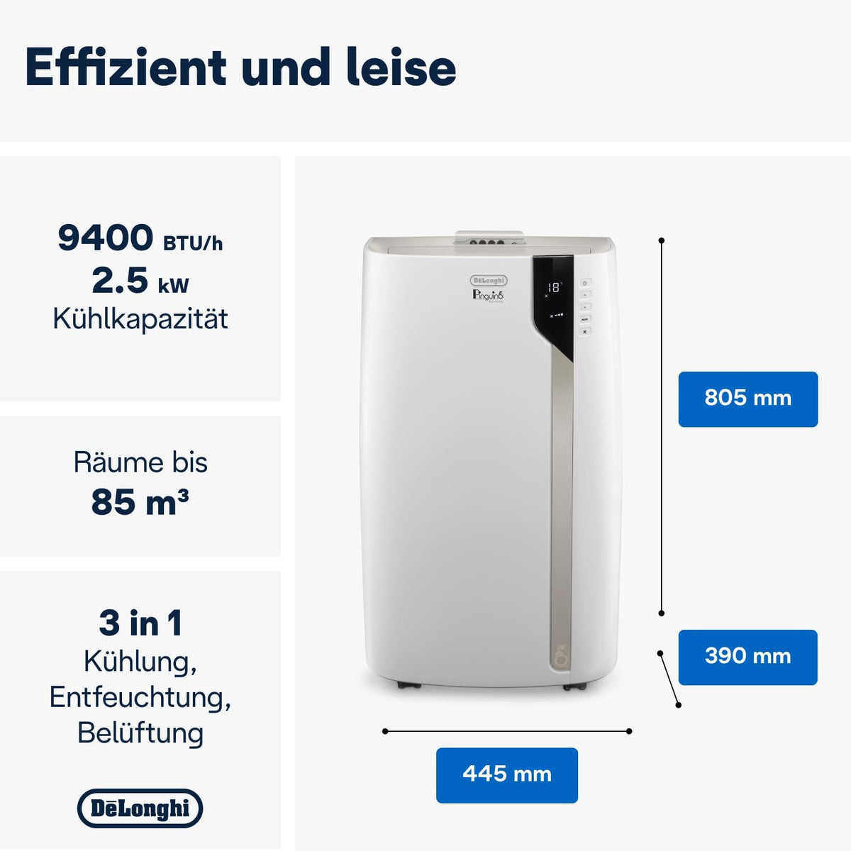 De'Longhi Pinguino PAC EM82, Mobile Klimaanlage für Räume bis zu 80 m³, 9.400 BTU, 2,4 kW, 63 dB, Entfeuchtungsfunktion, Energieklasse A, 24h-Timer, Weiß