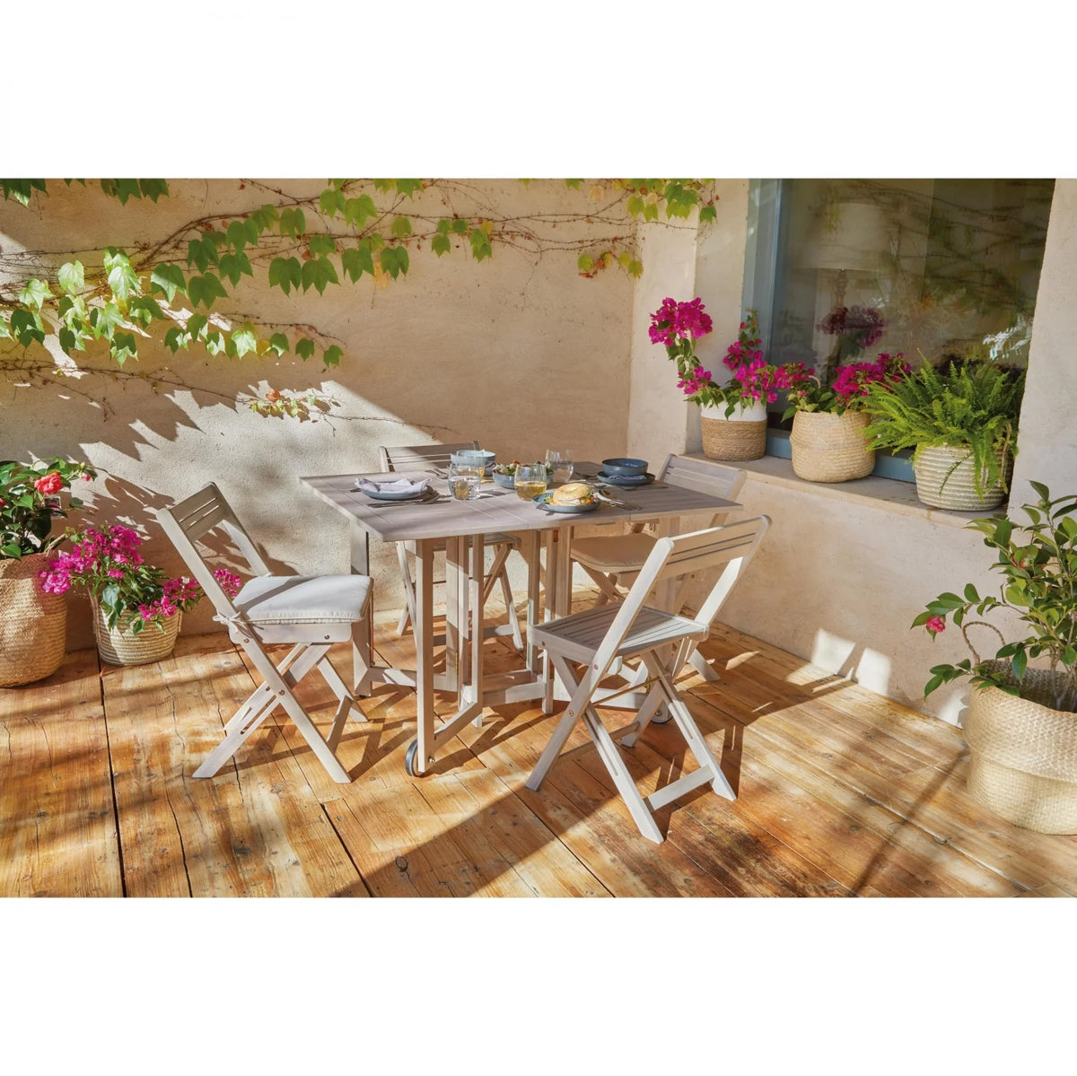 Conjunto de Balcón Mesa + 4 Sillas Madera de Acacia, Corfú