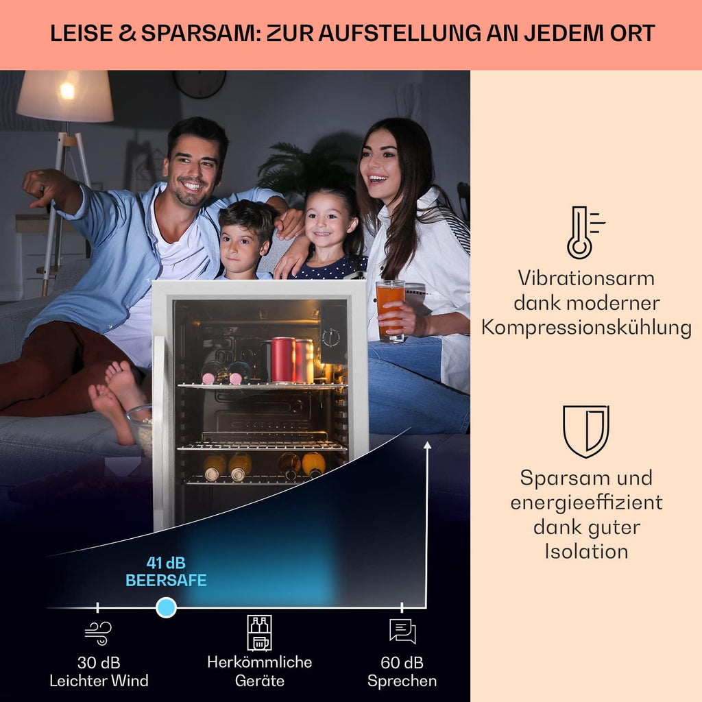 Klarstein Mini Kühlschrank mit Glastür für Zimmer, Getrnkekühlschrank mit Verstellbaren Ablagen, Kleiner 80 Liter, Indoor/Outdoor Kühlschrank Leise