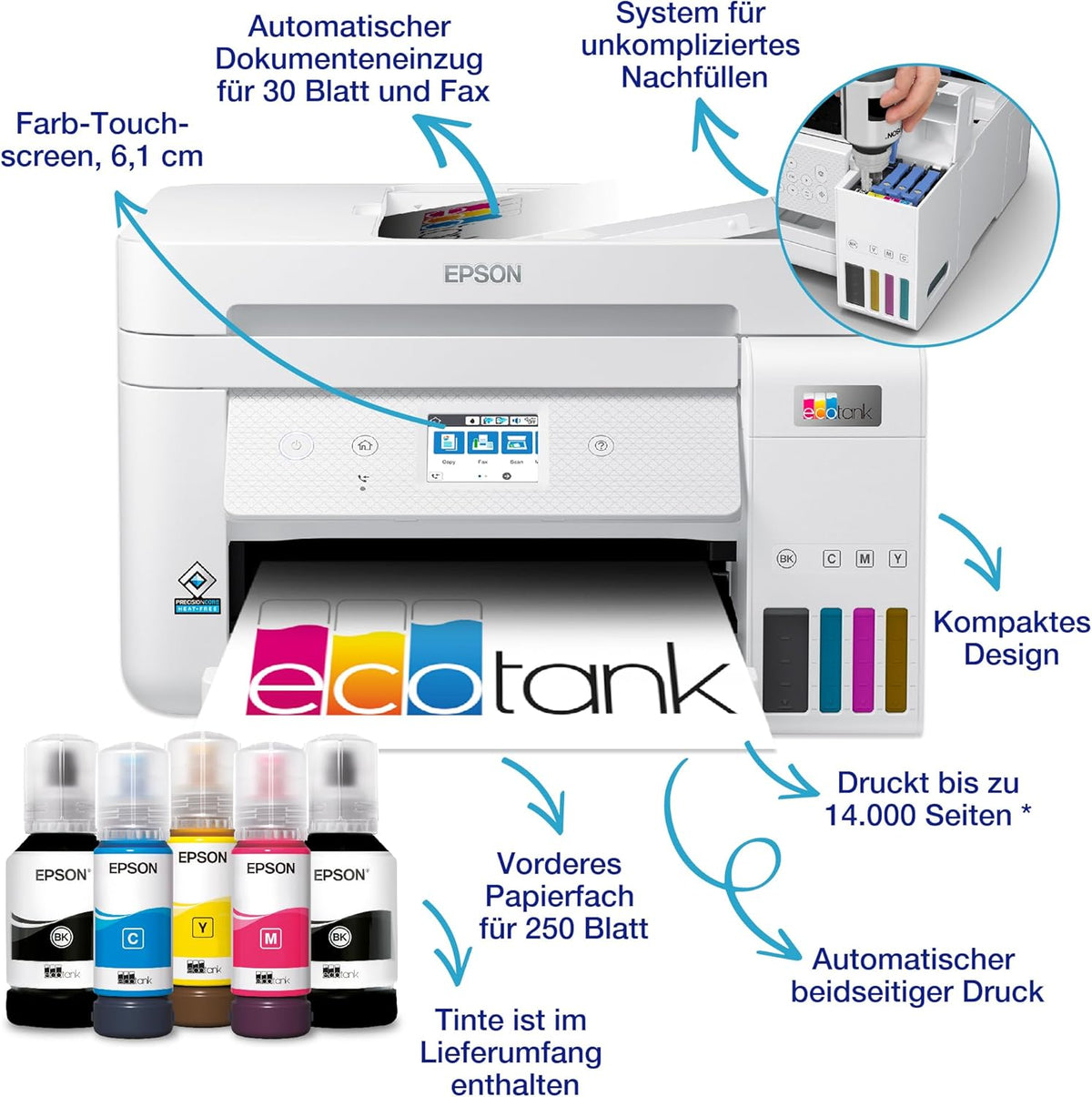 Epson EcoTank ET-4800 A4-Multifunktions-Wi-Fi-Tintentankdrucker, mit einem im Lieferumfang enthaltenen Vorrat an Tinten bis zu 3 Jahren