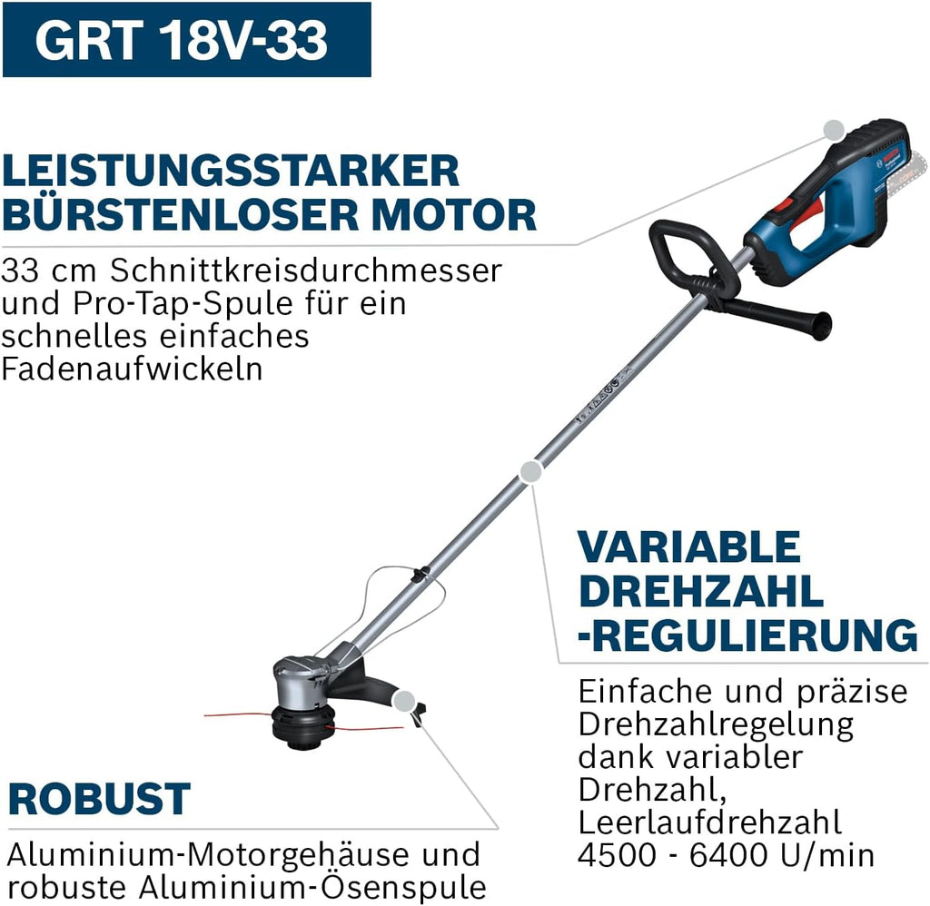 Bosch Professional 18V System Akku-Rasentrimmer GRT 18V-33 (bürstenloser Motor, Schnittkreisdurchmesser von 33 cm, inkl. 1x Schultergurt, 1x Fadenspuleneinheit)