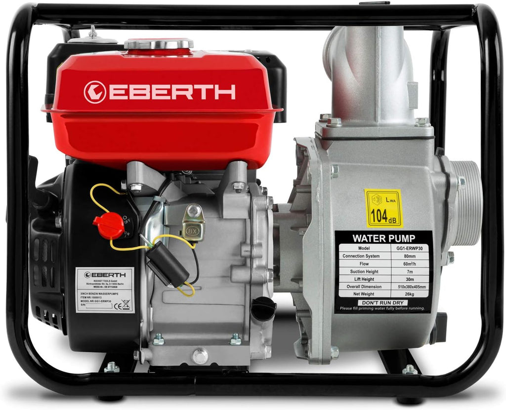 EBERTH 5,5PS Wasserpumpe mit 30.000l/h und 30m Förderhöhe, 2 Zoll Anschluss, Gartenpumpe Schmutzwasserpumpe mit 4-Takt-Motor und 7m Ansaughöhe, Benzin Pumpe, Seilzugstart, Metallfuß, Tragegriff